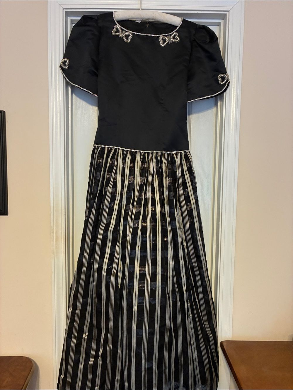 Black and Ivory Striped Prom Dress‎ with Embellished Bows